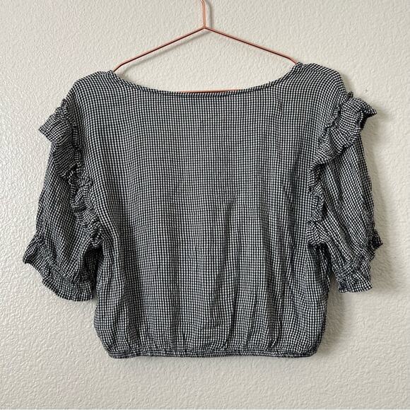 American Eagle puff ruffle short sleeve blouse top black white check plaid - Picture 3 of 5